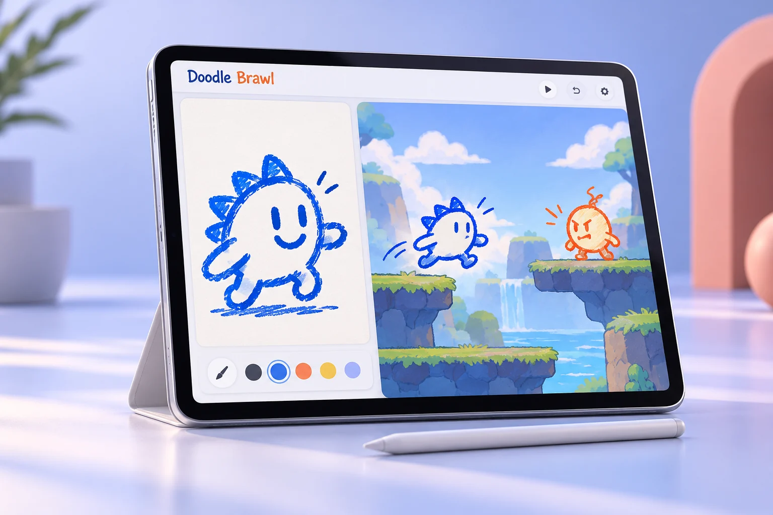 涂鸦乱斗的产品概念效果图,AI 辅助生成;设备与界面为设计展示