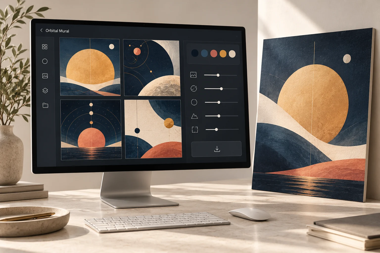 宇宙壁画生成器的产品概念效果图，AI 辅助生成；设备与界面为设计展示