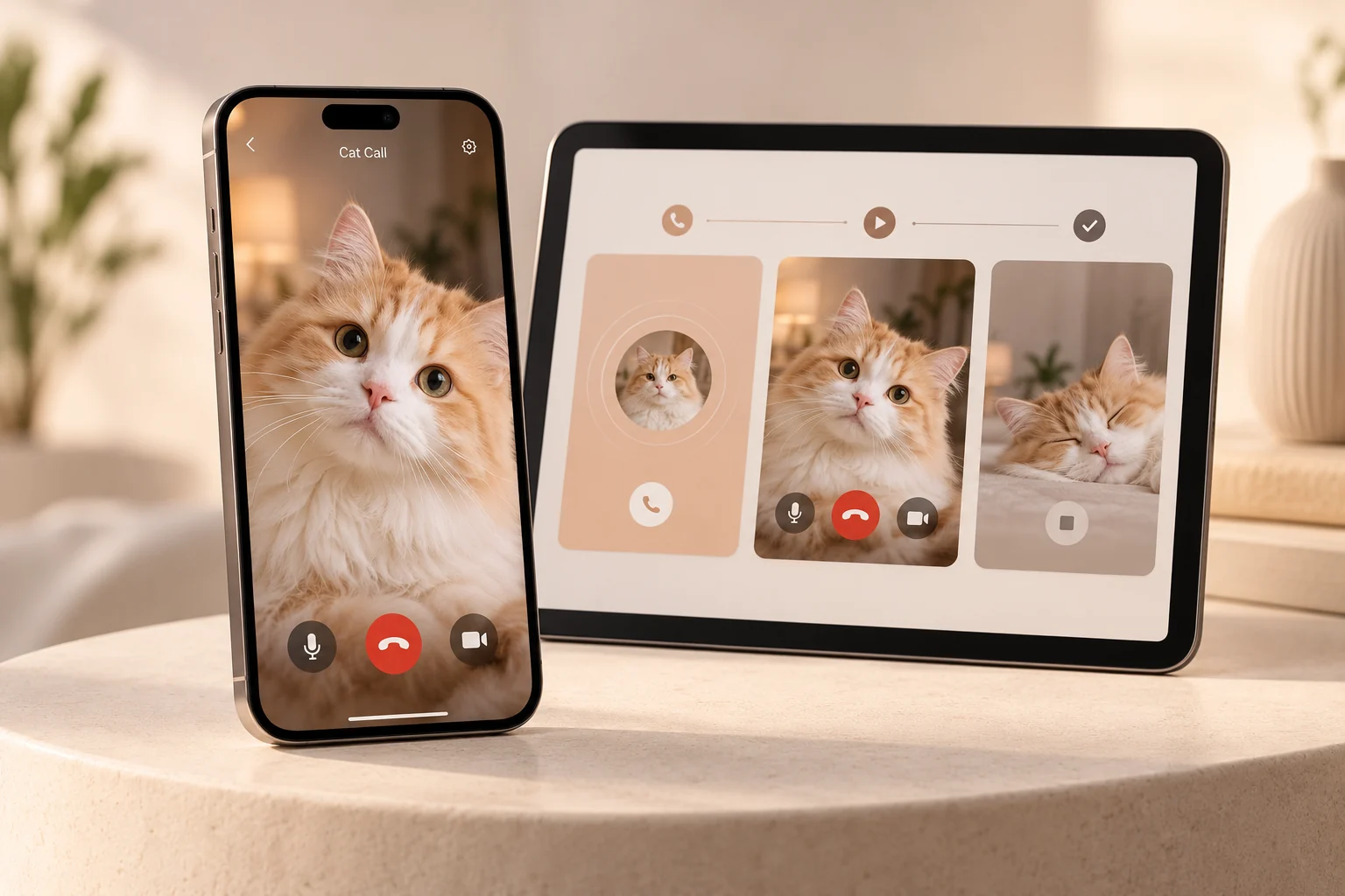猫咪来电 · 可复用交互组件的产品概念效果图,AI 辅助生成;设备与界面为设计展示